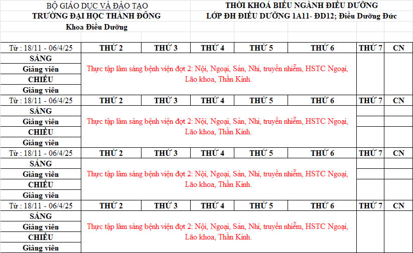 Lịch học tháng 01 năm 2025 lớp 1A11-ĐD12; điều Dưỡng Đức