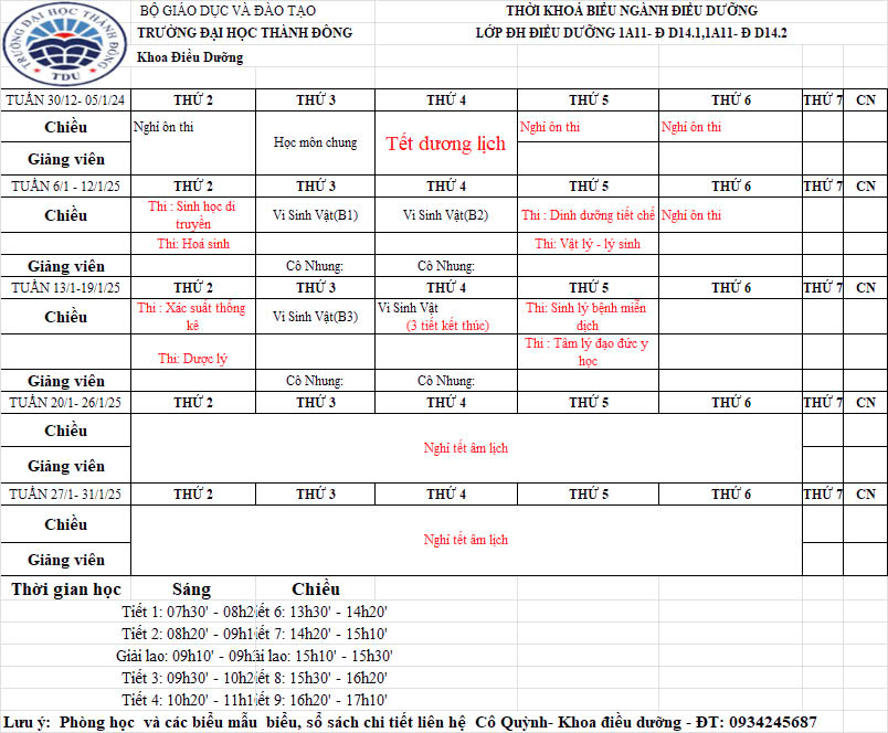 Lịch học tháng 01 năm 2025 lớp 1A11-DD14.1