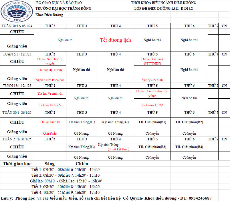 Lịch học tháng 01 năm 2025 lớp 1A11-DD14.2