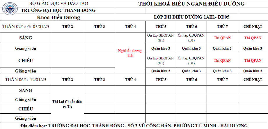 Lịch học tháng 01 năm 2025 lớp 1AH1-DD05