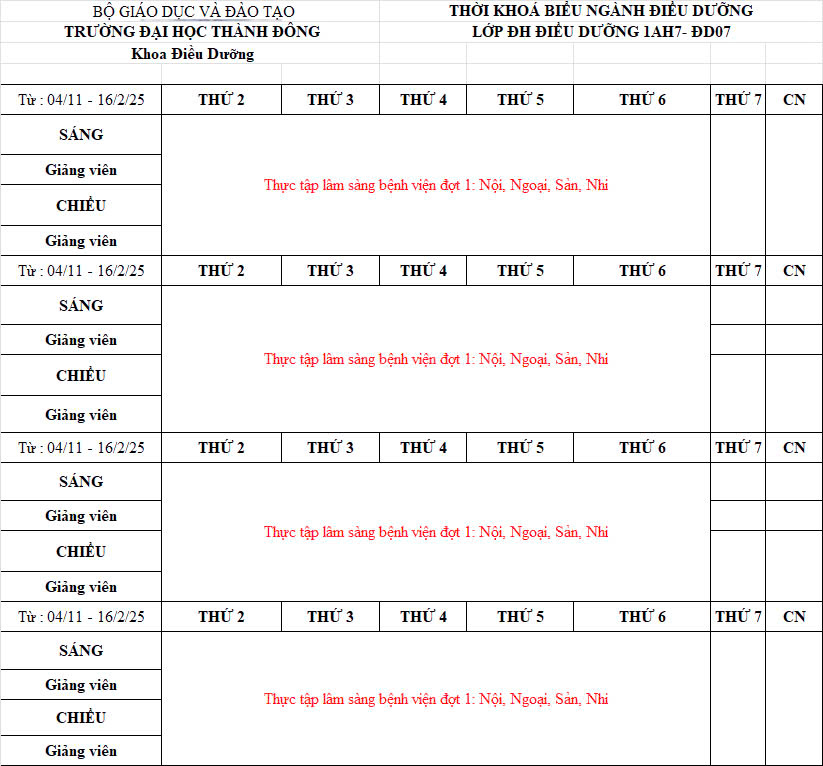 Lịch học tháng 01 năm 2025 lớp 1AH7-DD07